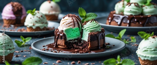 Mint Ice Cream with Rich Chocolate Lava Cake Garnished with Fresh Mint Leaves and Chocolate Sprinkles on a Rustic Plate