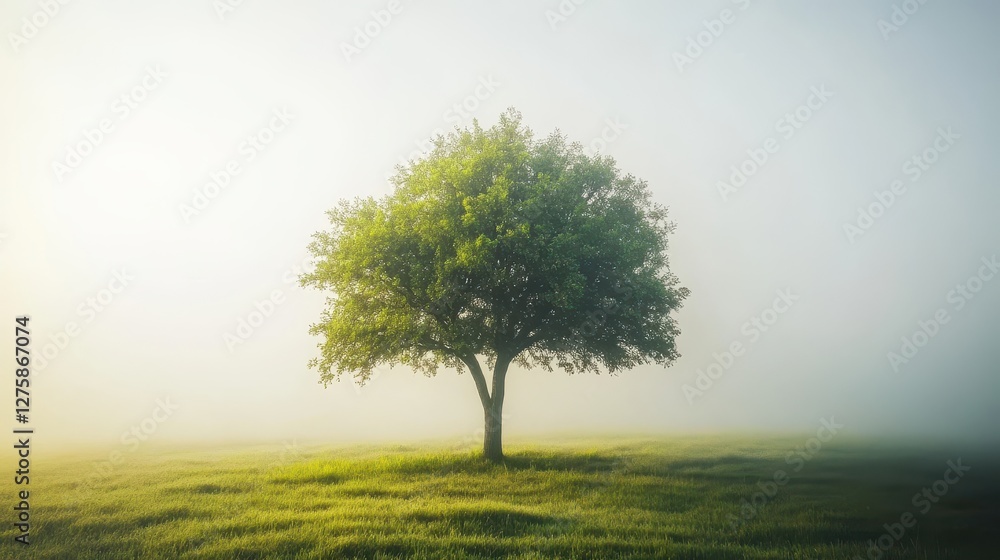 Fototapeta premium A lone, lush green tree stands in a misty field, surrounded by soft, golden light, creating a serene and tranquil atmosphere.
