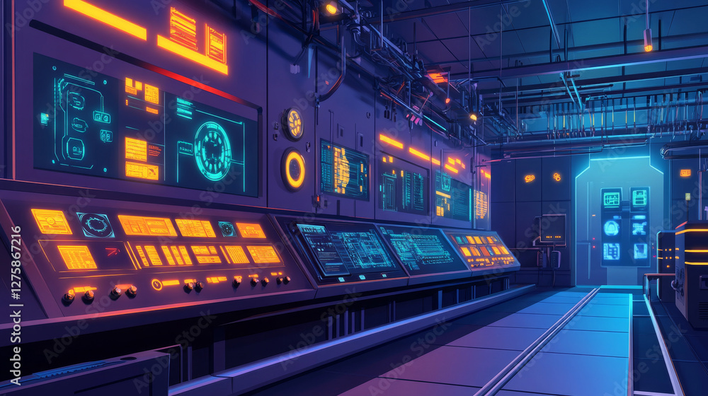 Fototapeta premium Business management system isometric landing page, computer-based control installed in buildings that managing and mechanical and electrical equipment, home automation, 3d vector line art web banner