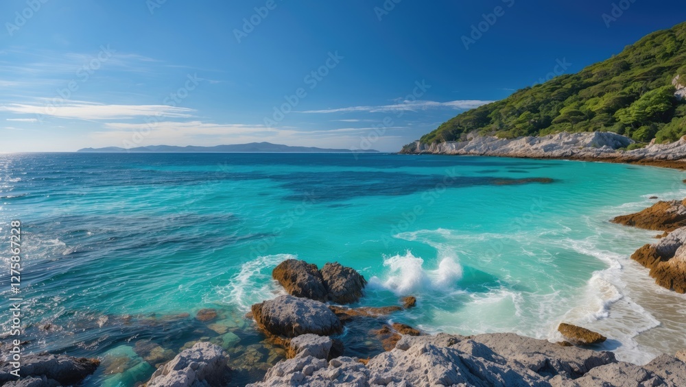 Serene Coastal Landscape Featuring Turquoise Waters Rocky Shoreline and Clear Blue Skies Ideal for Relaxation and Nature Destinations Serene Coastal Landscape Featuring Turquoise Waters Rocky Shoreline and Clear Blue Skies Ideal for Relaxation and Nature Destinations