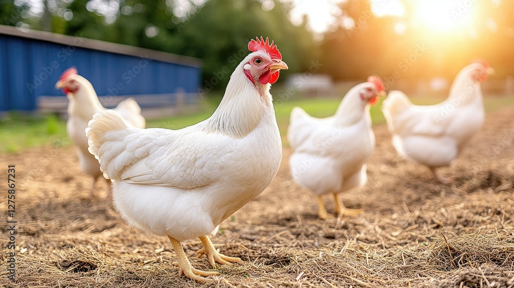 In the warm glow of the afternoon sun, a group of white chickens wander freely throughout a vibrant and lush farmyard In the warm glow of the afternoon sun, a group of white chickens wander freely throughout a vibrant and lush farmyard