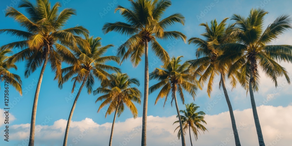 Tropical Paradise Scene with Tall Palm Trees Against a Clear Blue Sky and Empty Space for Text or Overlay Design Tropical Paradise Scene with Tall Palm Trees Against a Clear Blue Sky and Empty Space for Text or Overlay Design