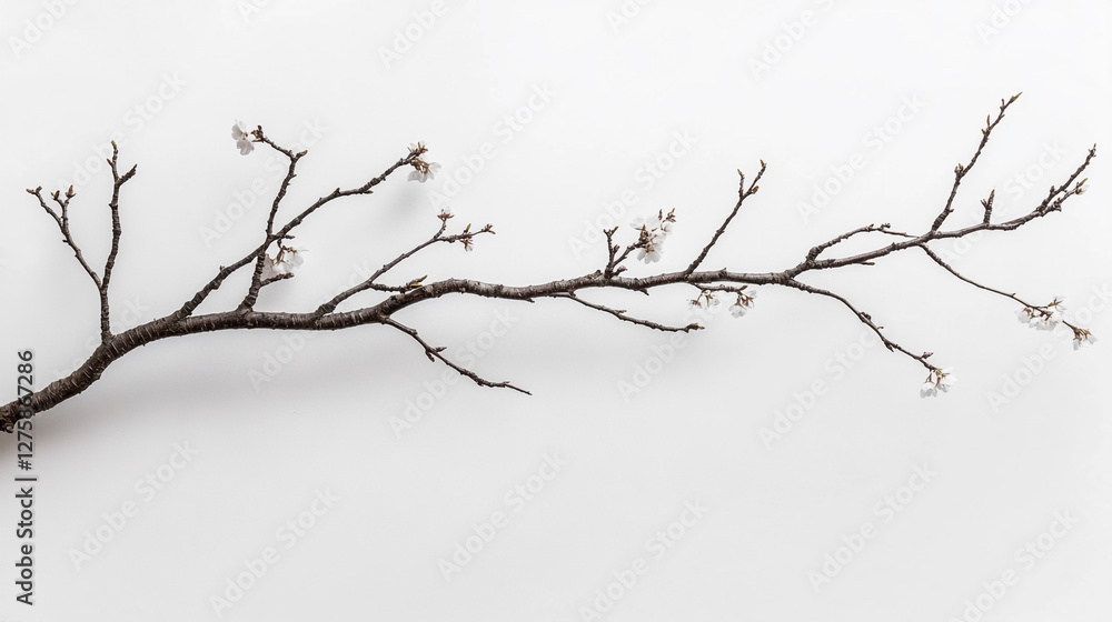 Minimalist Cherry Blossom Branch on White Background for artistic design element, greeting cards and invitations, seasonal projects Minimalist Cherry Blossom Branch on White Background for artistic design element, greeting cards and invitations, seasonal projects