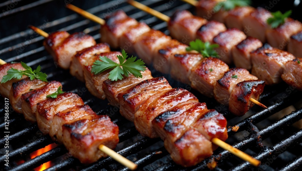 Grilled Juicy Pork Kebabs On Skewers With Fresh Herbs And Space For Text In A BBQ Setting Grilled Juicy Pork Kebabs On Skewers With Fresh Herbs And Space For Text In A BBQ Setting