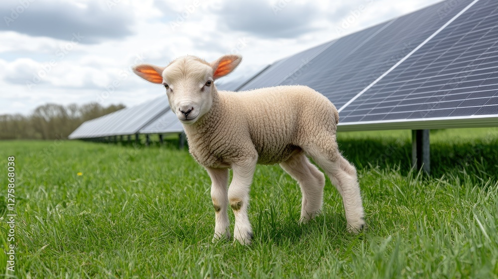 Lamb grazing on lush green grass near solar panels under a cloudy sky in a rural setting during springtime Lamb grazing on lush green grass near solar panels under a cloudy sky in a rural setting during springtime