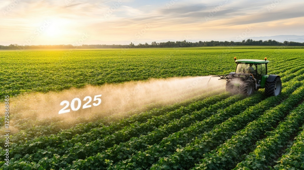 Obraz premium In the year 2025, innovative modern farming techniques significantly enhance crop yields across a lush, vibrant green field at sunrise