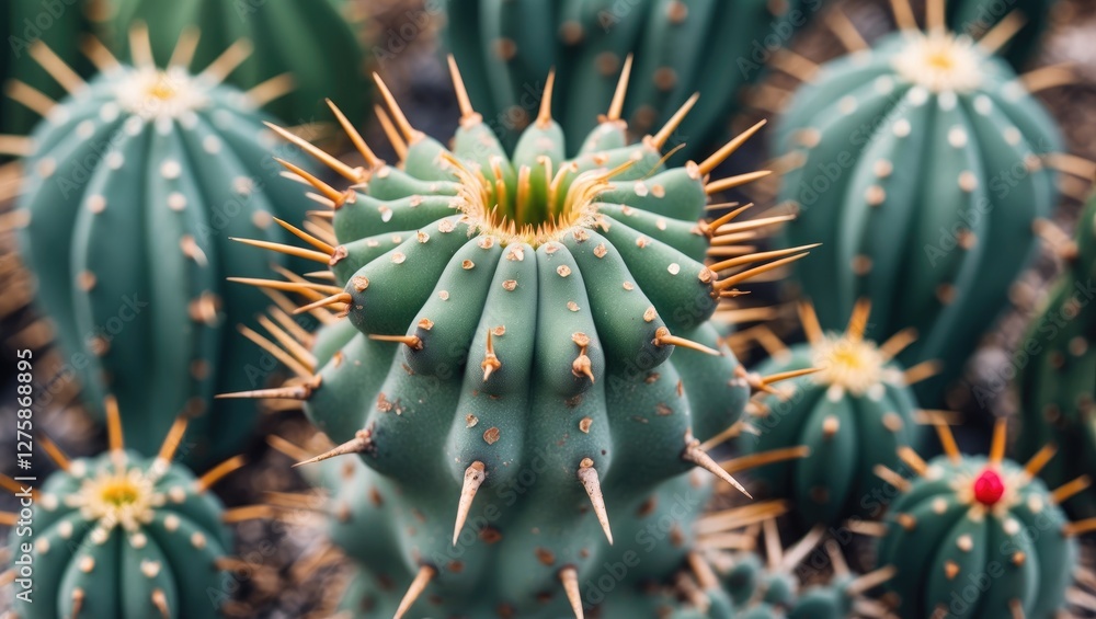 Obraz premium Close-Up View of Cactus with Large Sharp Spines and Empty Space for Text Background in Natural Setting