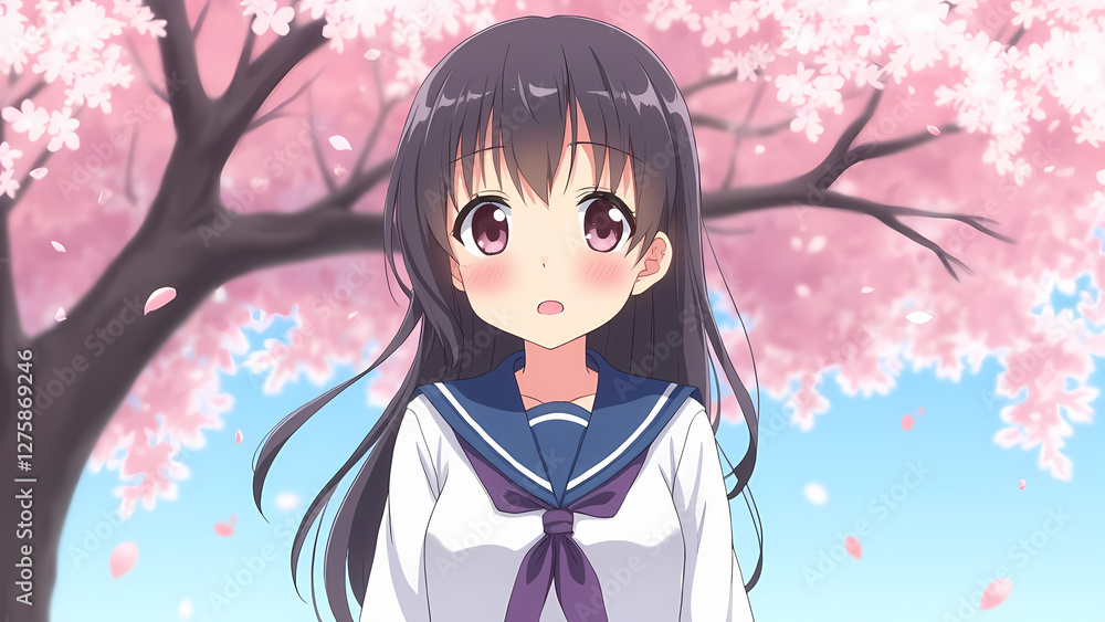 Cheerful anime schoolgirl in a sailor uniform with cherry blossoms Cheerful anime schoolgirl in a sailor uniform with cherry blossoms