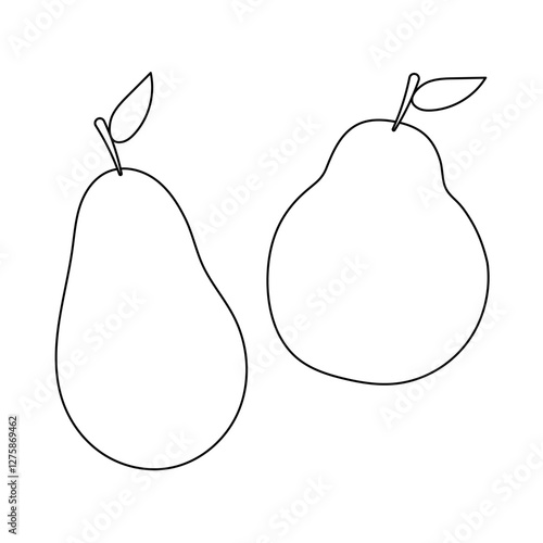 Black-and-white outline drawing of two pears with leaves, perfect for a fun and educational coloring activity.