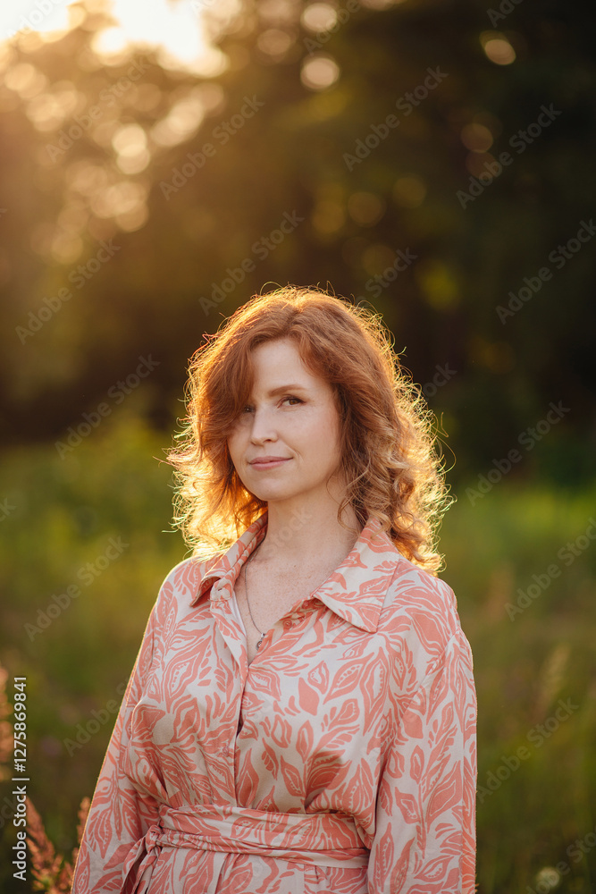 A beautiful, romantic woman standing in the sunset, bathed in warm golden light, evoking a sense of serenity and love A beautiful, romantic woman standing in the sunset, bathed in warm golden light, evoking a sense of serenity and love