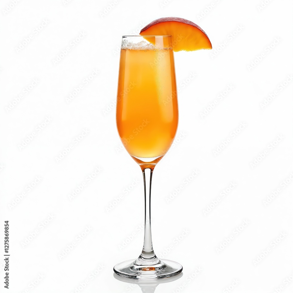 Bellini cocktail with peach slice isolated on white background. Refreshing alcoholic drink. Bar menu design element. Aperitif, sparkling wine and peach puree sweet mixture. Bellini cocktail with peach slice isolated on white background. Refreshing alcoholic drink. Bar menu design element. Aperitif, sparkling wine and peach puree sweet mixture.