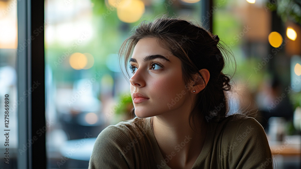 Portrait of serene woman gazing thoughtfully by window, ideal for contemplative themes Portrait of serene woman gazing thoughtfully by window, ideal for contemplative themes