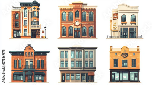 Urban retro building cartoon vector set illustration. Old residential and government buildings with shop or cafe on lower floor, isolated on white background