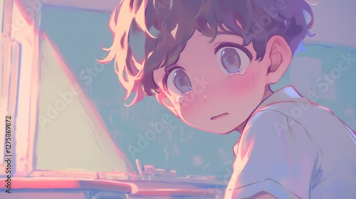 Anime Style Illustration of a Sad Young Boy Crying