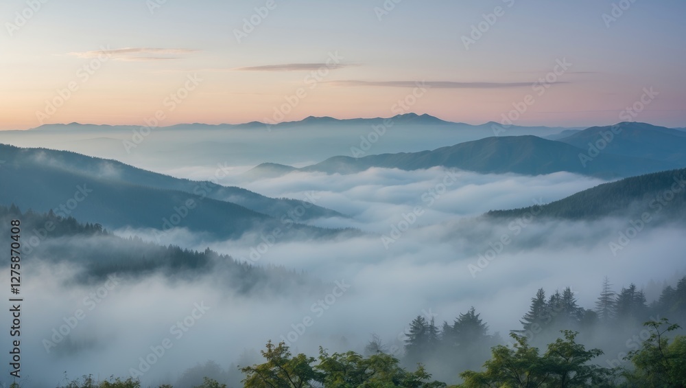 Scenic Mountain Landscape with Misty Fog and Soft Afternoon Light Featuring Space for Text Overlay Scenic Mountain Landscape with Misty Fog and Soft Afternoon Light Featuring Space for Text Overlay