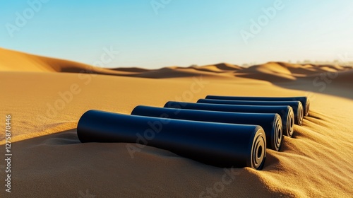 Fototapeta Naklejka Na Ścianę i Meble -  Shoulder stretch performed on a sandy dune during a desert fitness retreat. Featuring endurance and focus