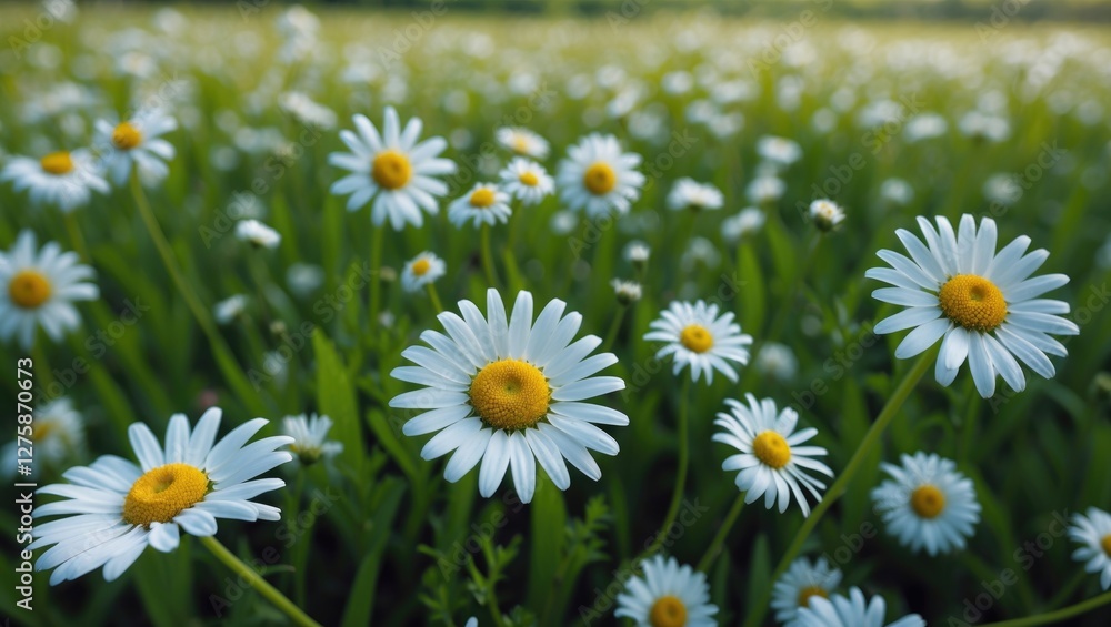 Fototapeta premium Vibrant White Daisies Blooming in a Lush Green Field Under Natural Light