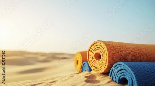 Fototapeta Naklejka Na Ścianę i Meble -  Shoulder stretch performed on a sandy dune during a desert fitness retreat. Featuring endurance and focus