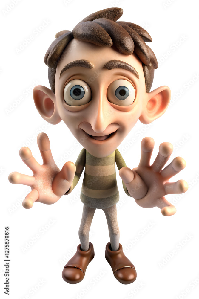 Fototapeta premium Friendly 3D Cartoon Character with Expressive Eyes and Playful Hand Gesture on a White Background, Perfect for Animation, Marketing, and Digital Art.