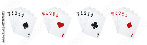 Сard fans Royal flush. Playing cards of Spades, Hearts, Diamonds and Clubs
