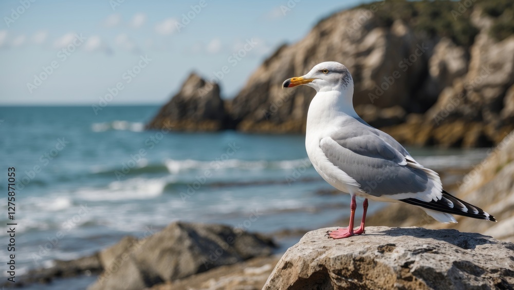 Seagull perched on a rock overlooking a serene beach with gentle waves and cliffs in the background, ideal for nature-themed advertisements. Seagull perched on a rock overlooking a serene beach with gentle waves and cliffs in the background, ideal for nature-themed advertisements.
