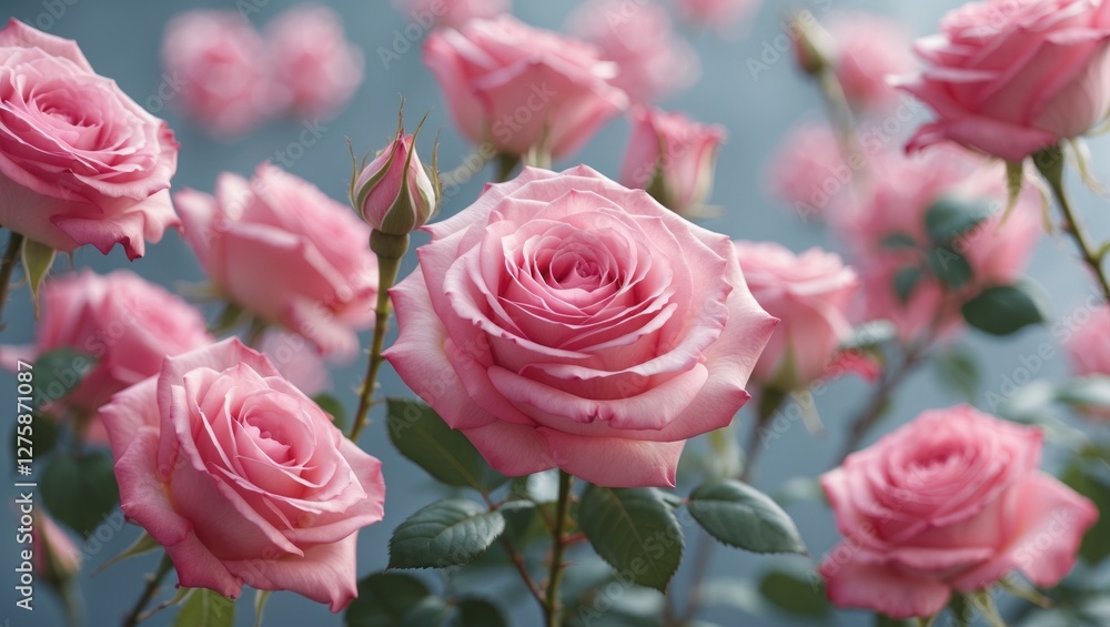 Elegant Pink Roses Blooming in Soft Focus with a Serene Modern Background Perfect for Romantic Themes and Floral Decorations. Elegant Pink Roses Blooming in Soft Focus with a Serene Modern Background Perfect for Romantic Themes and Floral Decorations.