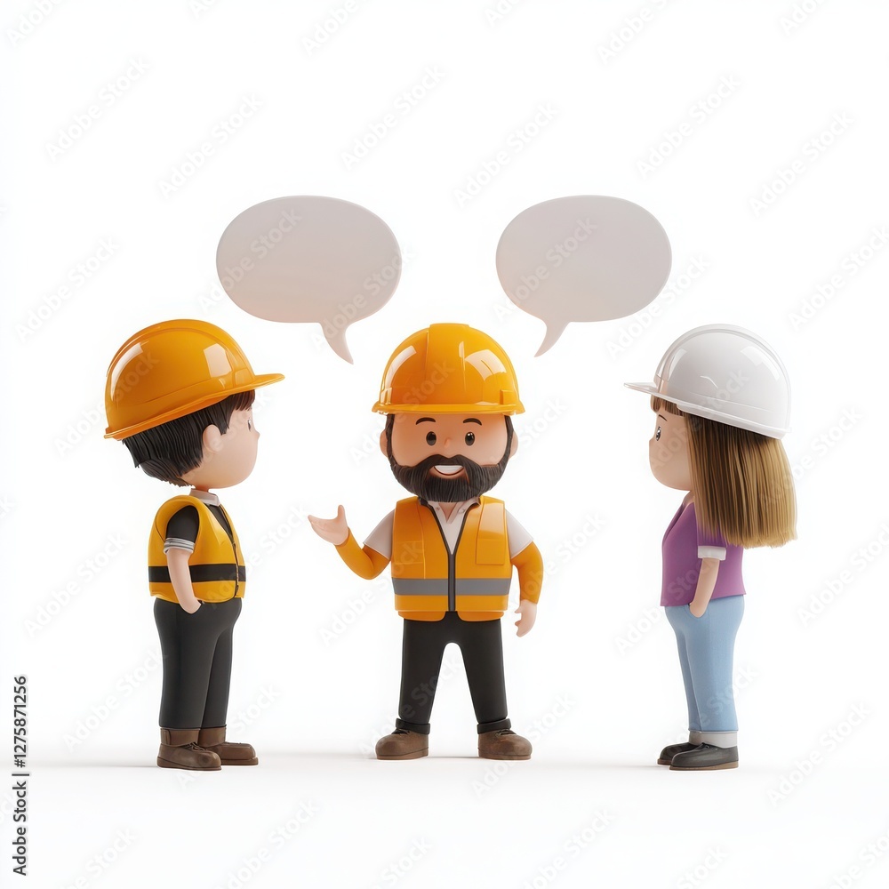 3D render of a cartoon man in an orange construction helmet talking to two women with white and purple helmets. 3D render of a cartoon man in an orange construction helmet talking to two women with white and purple helmets.