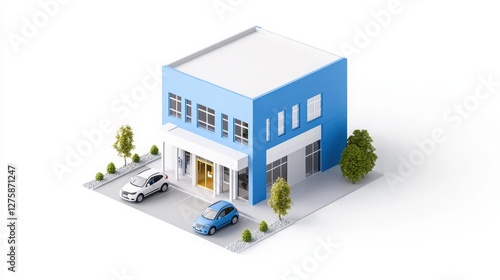 3D rendering of a medical clinic building in blue and white, with a parking lot and several cars on the left side. 