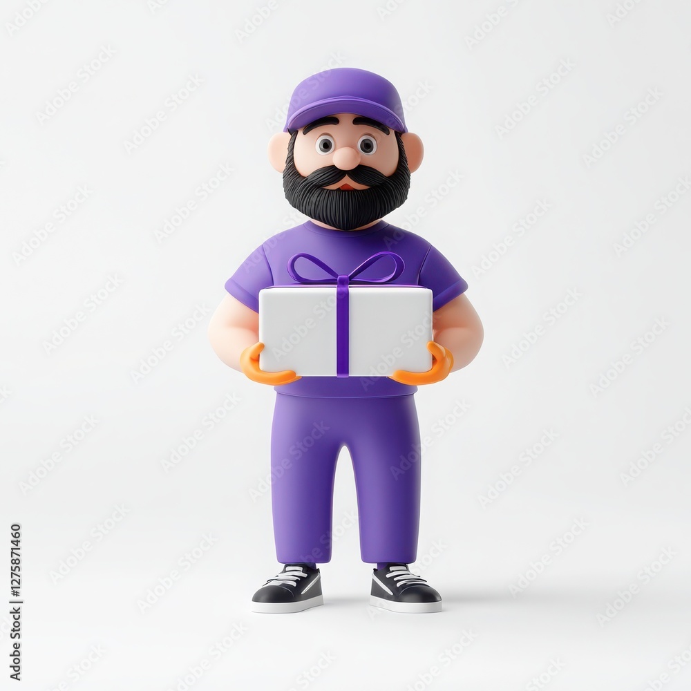 A 3D cartoon rendering of a bearded delivery man wearing a purple uniform, holding a white gift box adorned with a purple ribbon. A 3D cartoon rendering of a bearded delivery man wearing a purple uniform, holding a white gift box adorned with a purple ribbon.