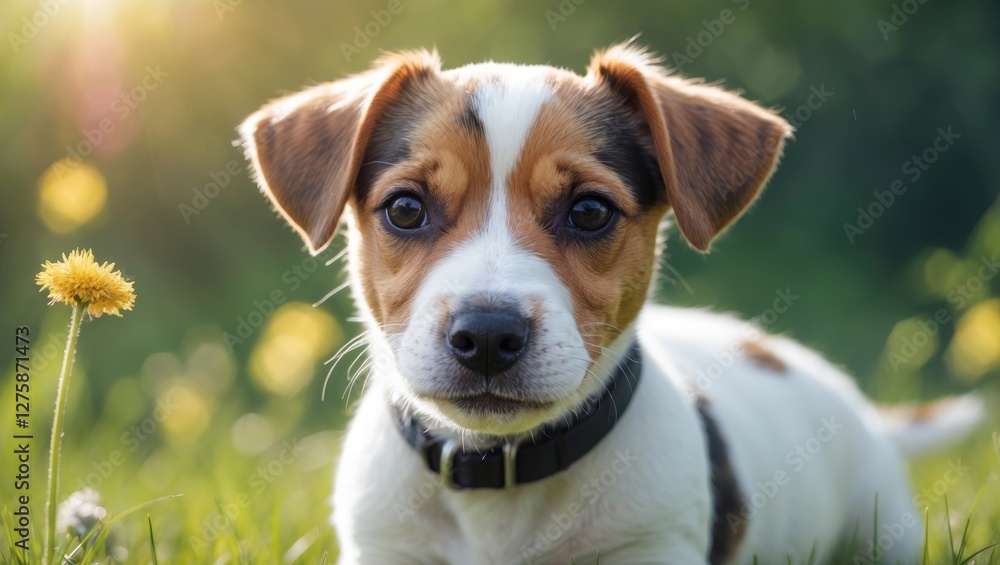Playful Jack Russell Terrier Puppy Sitting in Lush Green Grass Against a Sunny Summer Background with Wildflowers Playful Jack Russell Terrier Puppy Sitting in Lush Green Grass Against a Sunny Summer Background with Wildflowers