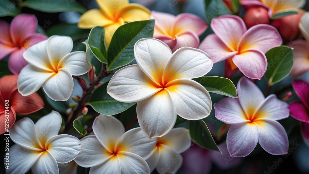 Beautiful Plumeria Flowers in Various Colors Showcasing Their Vibrant Blooms and Lush Green Leaves in a Nature Setting Beautiful Plumeria Flowers in Various Colors Showcasing Their Vibrant Blooms and Lush Green Leaves in a Nature Setting