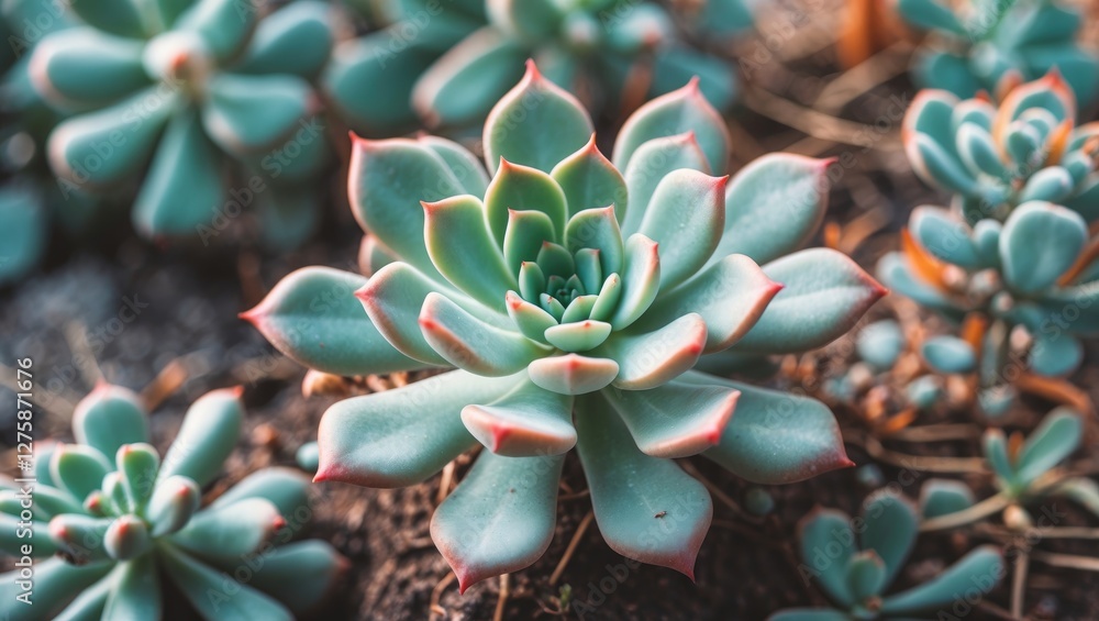 Vibrant succulent plant with lush green leaves and pink edges against earthy background offering ample space for text and customization. Vibrant succulent plant with lush green leaves and pink edges against earthy background offering ample space for text and customization.