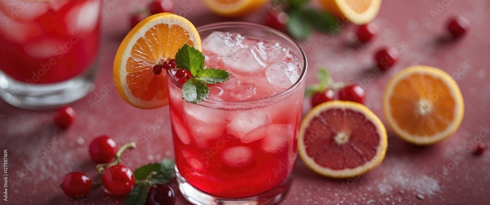 Refreshing Red Cocktail with Citrus Garnish and Ice Cubes on a Rustic Background Refreshing Red Cocktail with Citrus Garnish and Ice Cubes on a Rustic Background