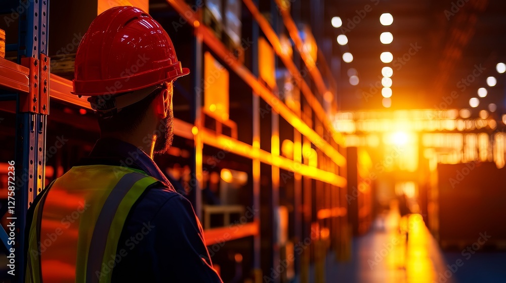 Fototapeta premium Warehouse Interior View of Worker with Red Hardhat and Reflective Vest