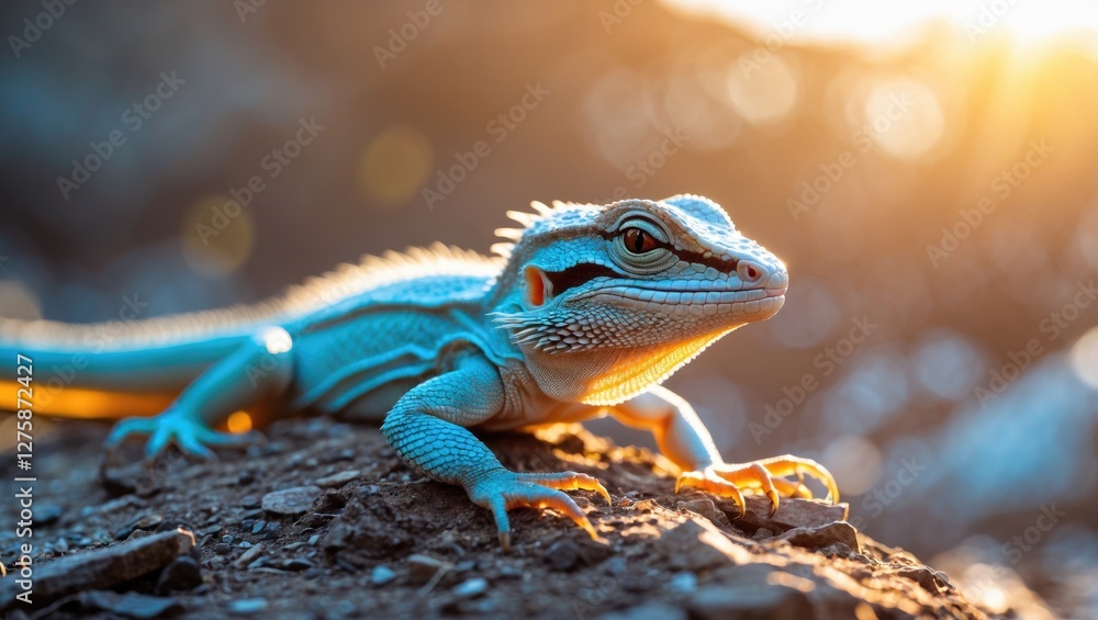 Naklejka premium Closeup of a vibrant blue lizard basking in sunlight on rocky terrain, showcasing its unique texture and colors in a natural habitat.