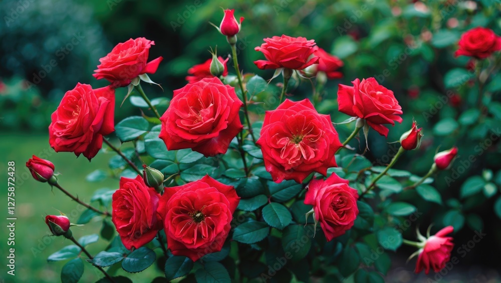 Vibrant Red Roses in Full Bloom Surrounded by Lush Green Foliage Perfect for Garden Backgrounds or Elegant Texture Use. Vibrant Red Roses in Full Bloom Surrounded by Lush Green Foliage Perfect for Garden Backgrounds or Elegant Texture Use.