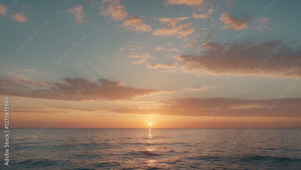 Naklejka premium Serene Sunrise Over Calm Ocean Waters With Expansive Sky Perfect For Text Overlay