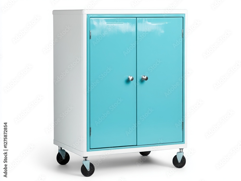 A high-resolution photo of a white and blue metal storage cabinet with four doors on wheels. A high-resolution photo of a white and blue metal storage cabinet with four doors on wheels.