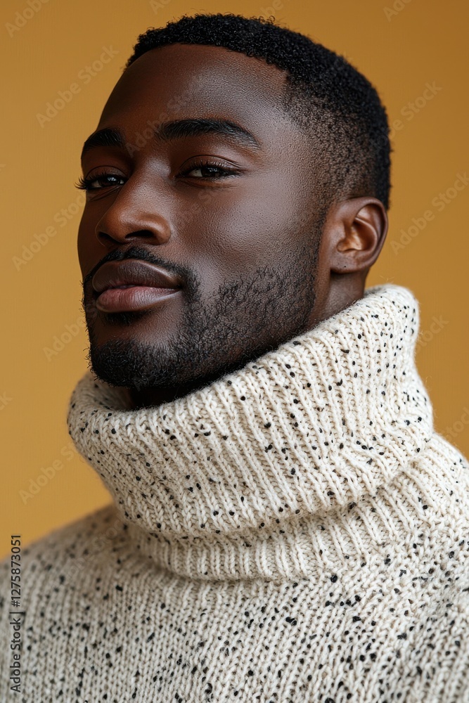 Stylish man poses in cozy turtleneck sweater against vibrant backdrop of warm yellow hue Stylish man poses in cozy turtleneck sweater against vibrant backdrop of warm yellow hue
