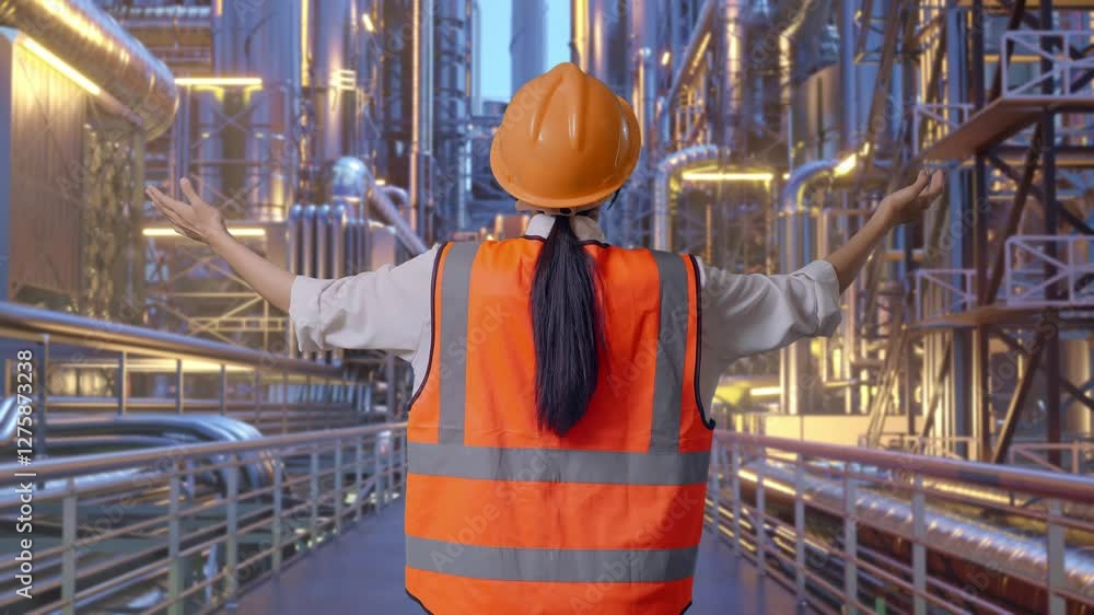 Back View Of A Female Engineer With Safety Helmet Spreading Arms While Standing At A Vast Oil Refinery Back View Of A Female Engineer With Safety Helmet Spreading Arms While Standing At A Vast Oil Refinery