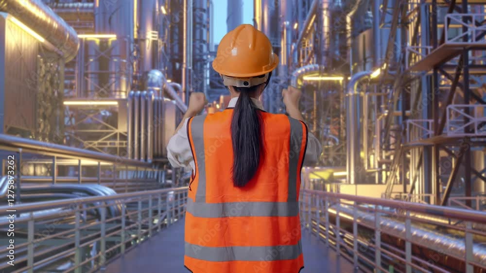 Back View Of A Female Engineer With Safety Helmet Raising Her Hands Celebrating While Working At A Vast Oil Refinery Back View Of A Female Engineer With Safety Helmet Raising Her Hands Celebrating While Working At A Vast Oil Refinery