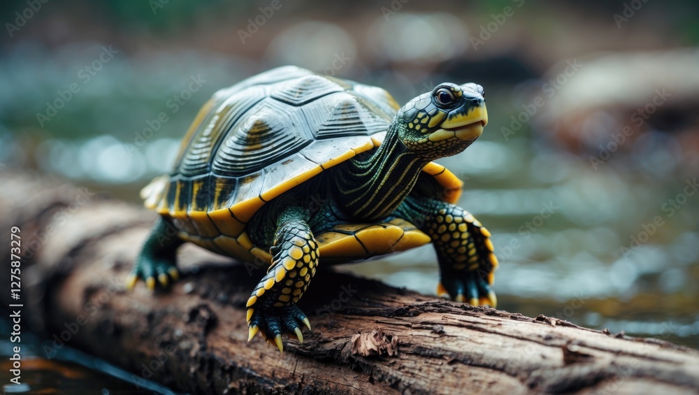 Colorful River Turtle Perched On Log With Soft Focus Background And Blank Space For Text Ideal For Nature And Wildlife Designs Colorful River Turtle Perched On Log With Soft Focus Background And Blank Space For Text Ideal For Nature And Wildlife Designs