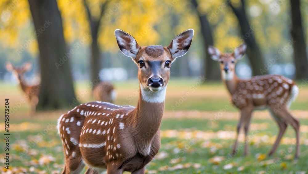 Young Deer Gazing at Camera Amidst Lush Green Park with Autumn Foliage in the Background. Young Deer Gazing at Camera Amidst Lush Green Park with Autumn Foliage in the Background.