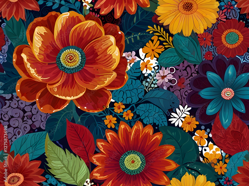 A vibrant and detailed illustration of large, colorful flowers with petals in shades of red, yellow, white, and pink. The flowers are surrounded by abstract patterns and swirls in a variety of colors A vibrant and detailed illustration of large, colorful flowers with petals in shades of red, yellow, white, and pink. The flowers are surrounded by abstract patterns and swirls in a variety of colors