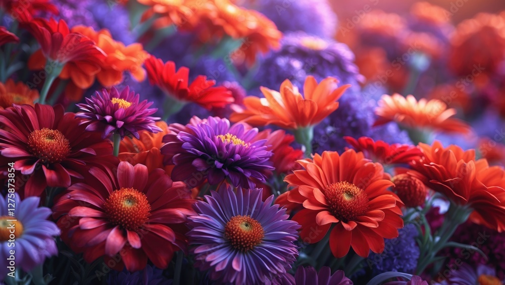 Vibrant Floral Macro Arrangement with Red, Orange and Purple Flowers Against Soft Background Ideal for Text Overlay and Promotions Vibrant Floral Macro Arrangement with Red, Orange and Purple Flowers Against Soft Background Ideal for Text Overlay and Promotions