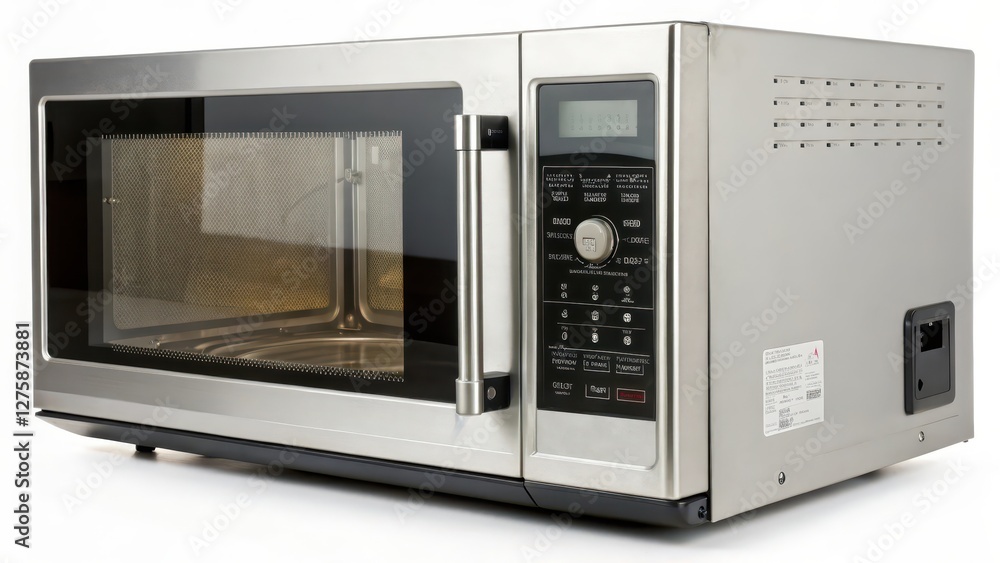 Obraz premium Stainless Steel Microwave Oven on White Background
