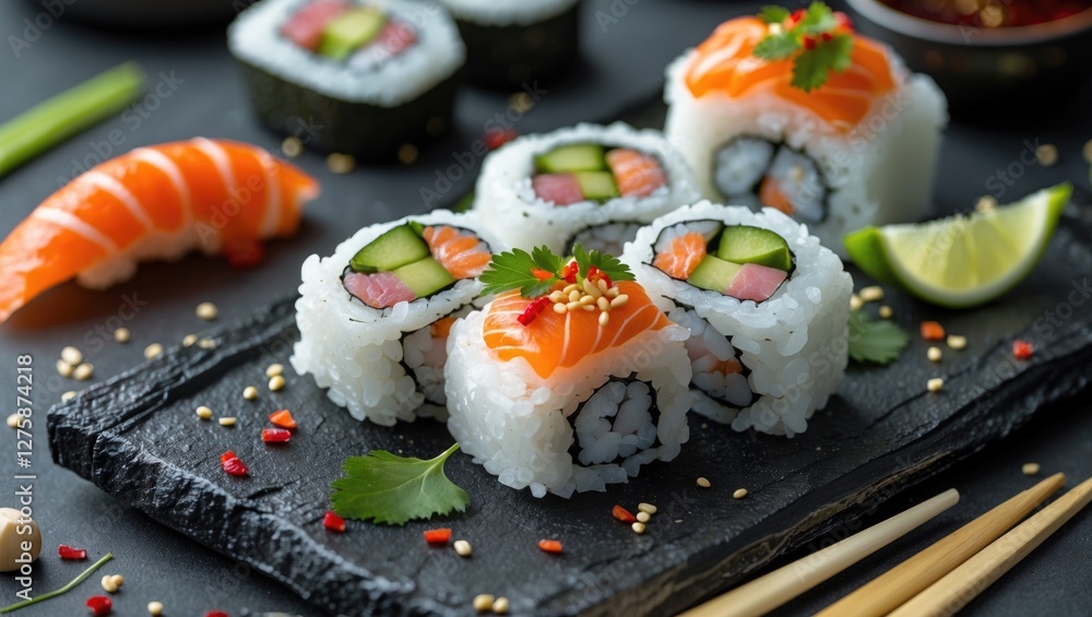 Vibrant Sushi Platter with Fresh Ingredients and Copy Space for Culinary Promotion or Menu Design Vibrant Sushi Platter with Fresh Ingredients and Copy Space for Culinary Promotion or Menu Design