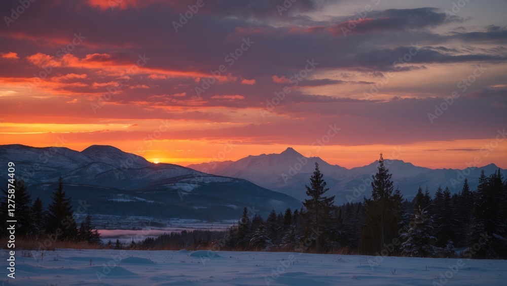 Fototapeta premium Vibrant Sunset Over Snow-Capped Mountains and Pine Trees in Winter Landscape