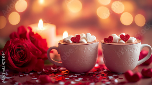 Two white cups with hearts on them and a rose in the background