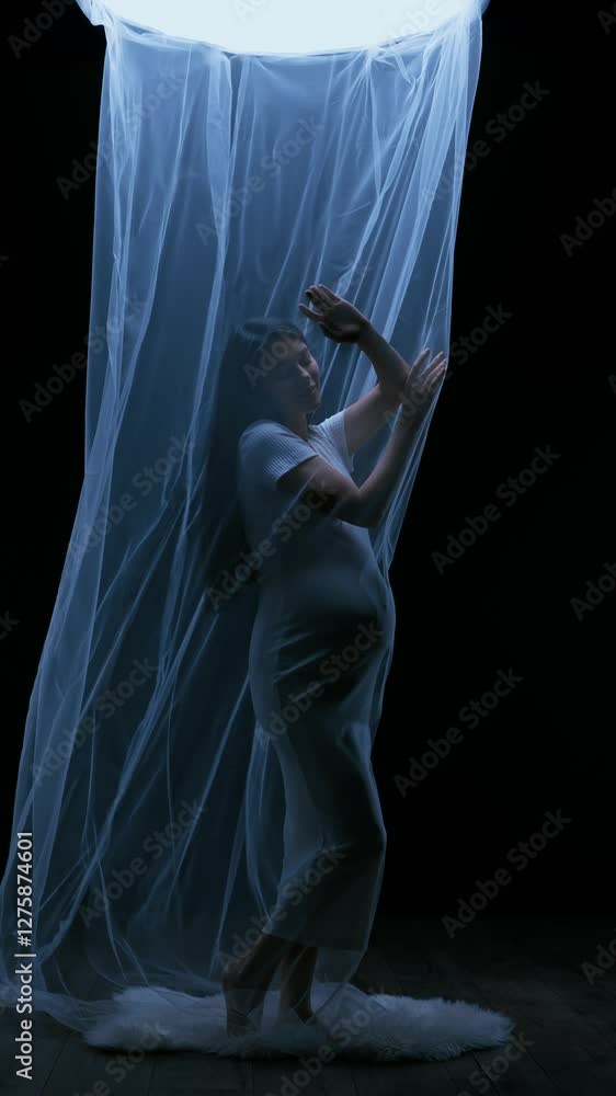 Artistic shot of a young Asian pregnant woman using a transparent fabric Artistic shot of a young Asian pregnant woman using a transparent fabric